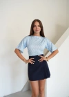 Yanı Büzgülü Puantiyeli T-shirt Mavi