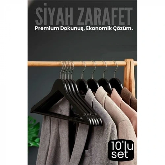 10lu Lüks Siyah Elbise Ceket Askısı - Ergonomik & Kaymaz Plastik Askı Seti -  Ahşap Görünümlü