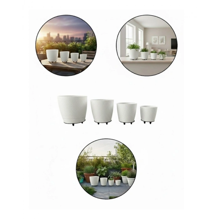 4’lü 3D Beyaz Minimal Dekoratif Vazo Ayaklı Saksı Takımı