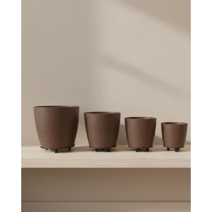 4’lü 3D Kahverengi Dekoratif Vazo Seti Modern Ayaklı Şık Saksı Takımı