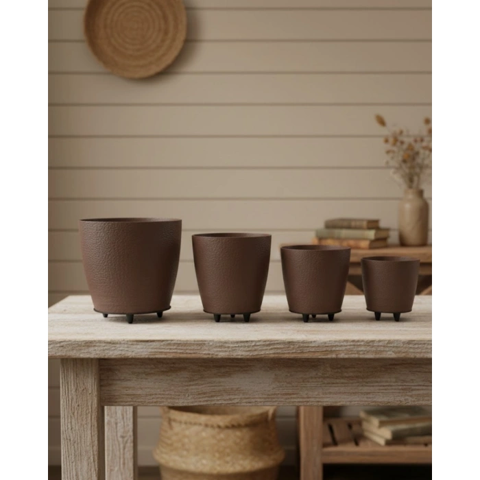 4’lü 3D Şık Kahverengi Vazo Seti Modern Ayaklı Saksı