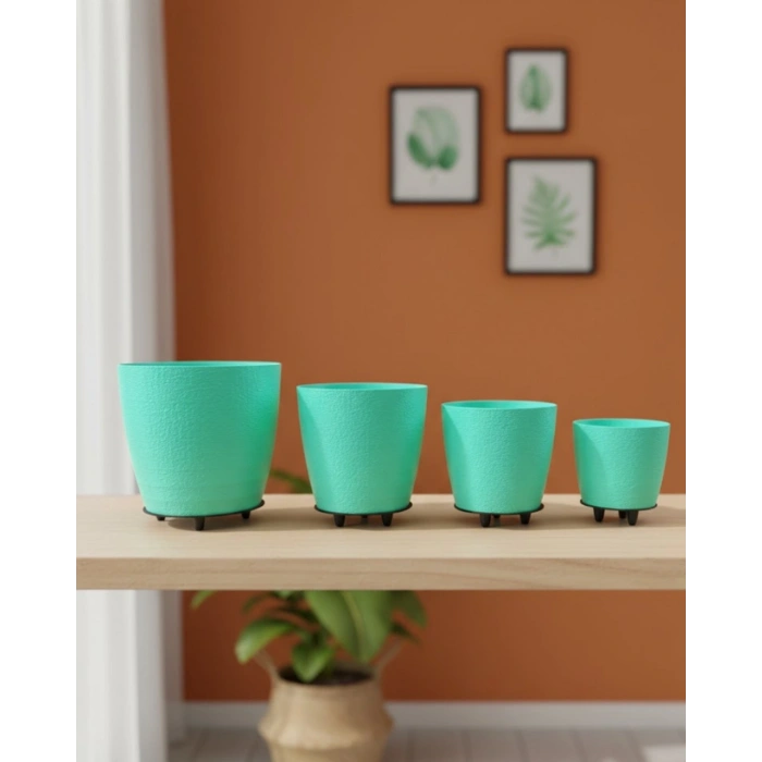 4’lü 3D Yeşil Dekoratif Vazo Seti Modern Ayaklı Şık Saksı Takımı