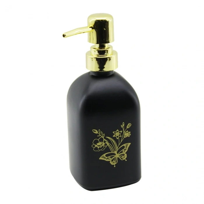 CAM KARE - SİYAH ŞİŞE--SARI KELEBEK-ÇiÇEK DESEN SIVI SABUNLUK 400ML GOLD PLASTİK POMPA (5047)
