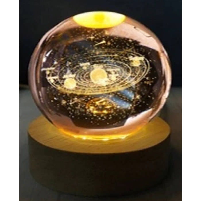 Dekoratif Gezegen Tasarımlı Ahşap altlıklı Işıklı Cam Küre Büyük Boy Cam 8 Cm Ahşap 2 Cm