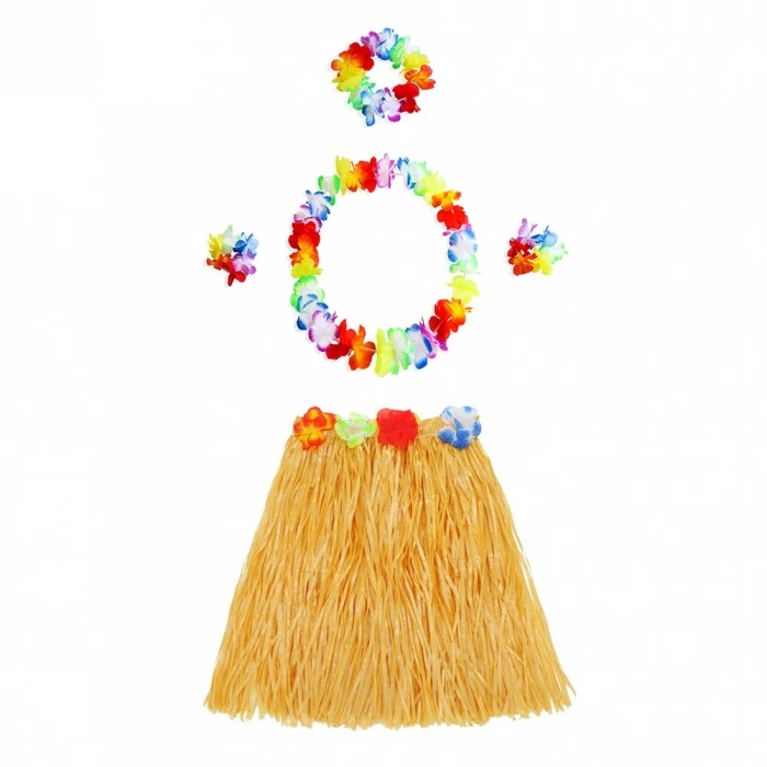 Yetişkin ve Çocuk Uyumlu Luau Aloha Hawaii Turuncu Etek ve Renkli Kolye Taç 2 Adet Bileklik Seti