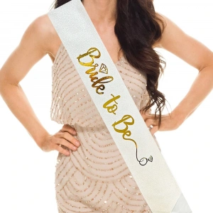 Beyaz Üzeri Altın İtalik Alyanslı Bride To Be Yazılı Simli Işıltılı Kuşak Kemer 10 cm Genişlik (5047)