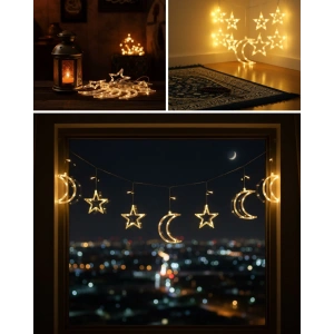 Dekoratif Ay Yıldız Perde LED Işık Ortam Aydınlatma