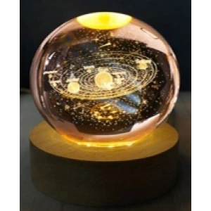 Dekoratif Gezegen Tasarımlı Ahşap altlıklı Işıklı Cam Küre Büyük Boy Cam 8 Cm Ahşap 2 Cm
