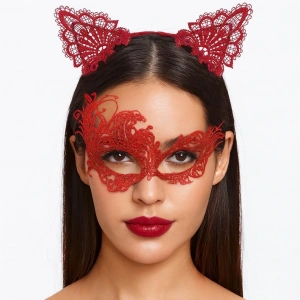 Gizemli Kırmızı Dantel Maske ve Taç Seti 1 No - Kostüm Seti (5047)