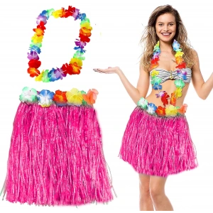 Hawaii Luau Aloha Pembe Püsküllü 40 cm Etek ve Hawaii Kolye Seti (5047)