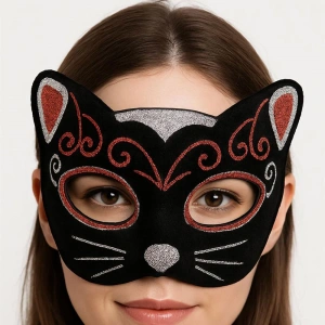 Kadife Dokulu Sim Detaylı Işıltılı Kedi Maskesi Kırmızı Gümüş 20x13 cm