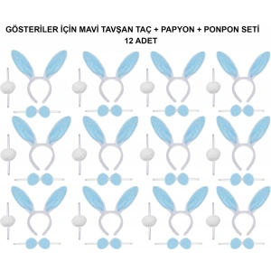 Mavi Tavşan Kostüm Seti – Taç, Papyon, Ponpon (12’li Paket) (5047)