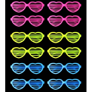 Retro Neon Fosforlu Kalp Panjur Gözlük 12 Adet – 80’ler 90’lar Parti Stili