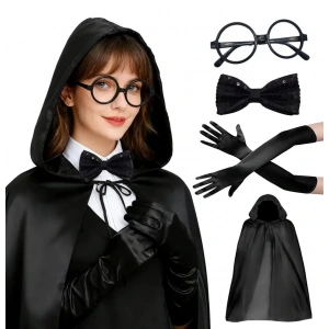 Siyah Kapüşonlu Büyücü ve Cadı Pelerin Kostüm Seti (4 Parça)