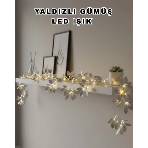Yaldızlı Gümüş Yaprak LED Işık Pilli Dekoratif Ortam ve Yılbaşı Aydınlatması