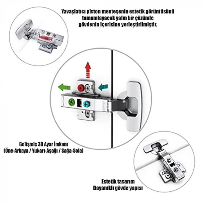 1 ÇİFT  Frenli Dolap Kapak Menteşesi Pistonlu Düz Tas Menteşe