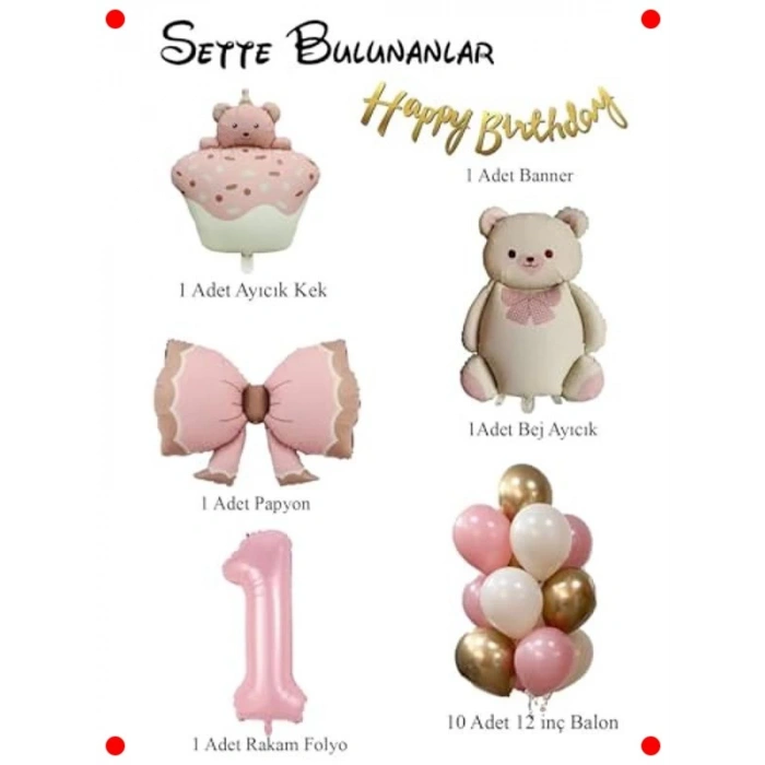 1 Yaş Ayıcık Temalı Kız Bebek Doğum Günü Seti