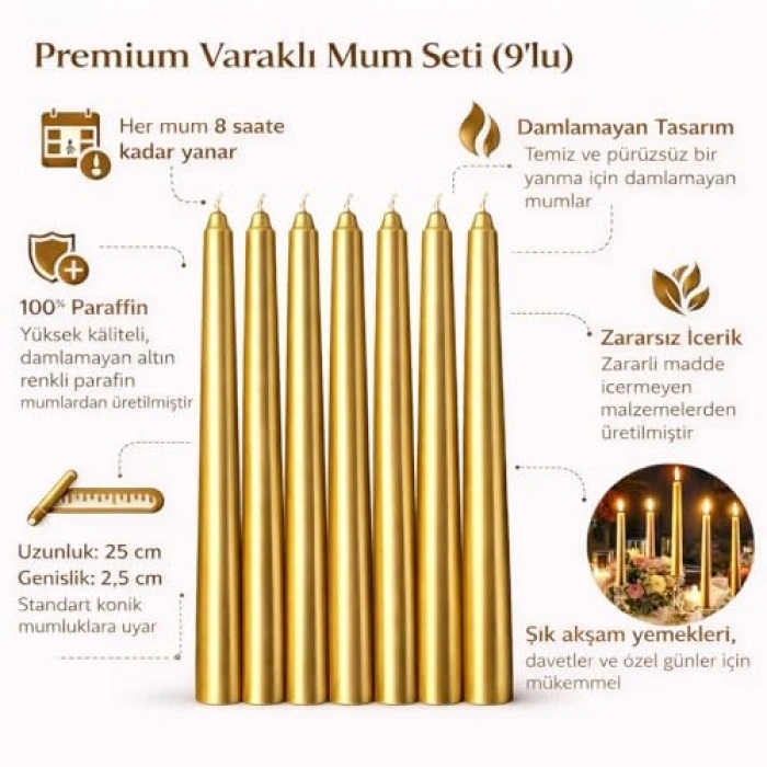 10lu Set Gold Renk İnce Şamdan Mum, 25 cm Uzunluk