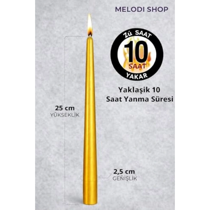 10lu Set Gold Renk İnce Şamdan Mum, 25 cm Uzunluk