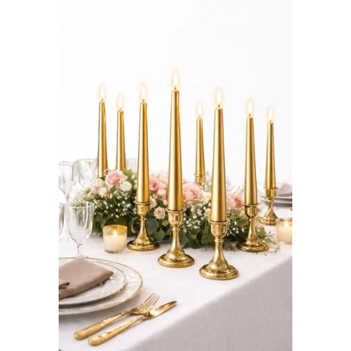10lu Set Gold Renk İnce Şamdan Mum, 25 cm Uzunluk