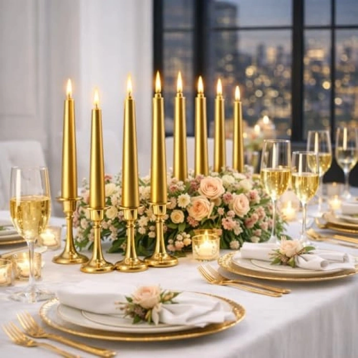 10lu Set Gold Renk İnce Şamdan Mum, 25 cm Uzunluk