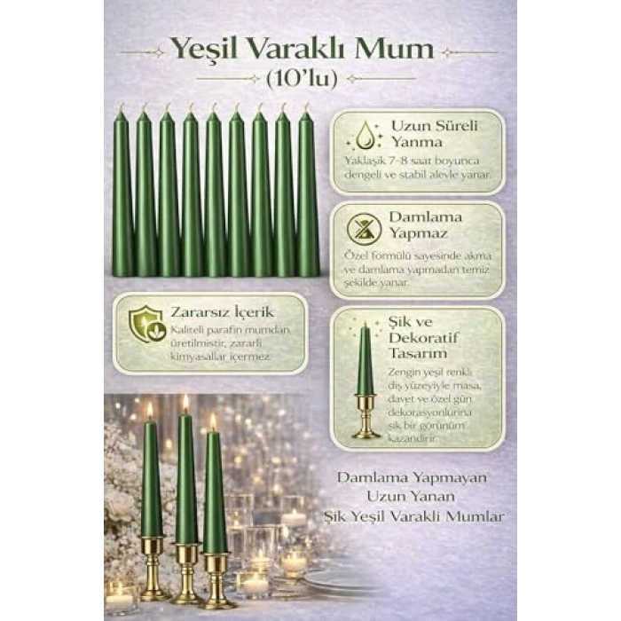 10lu Set Yeşil Renk İnce Şamdan Mum, 25 cm Uzunluk
