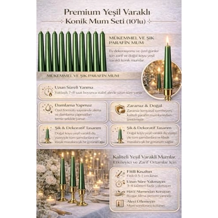 10lu Set Yeşil Renk İnce Şamdan Mum, 25 cm Uzunluk