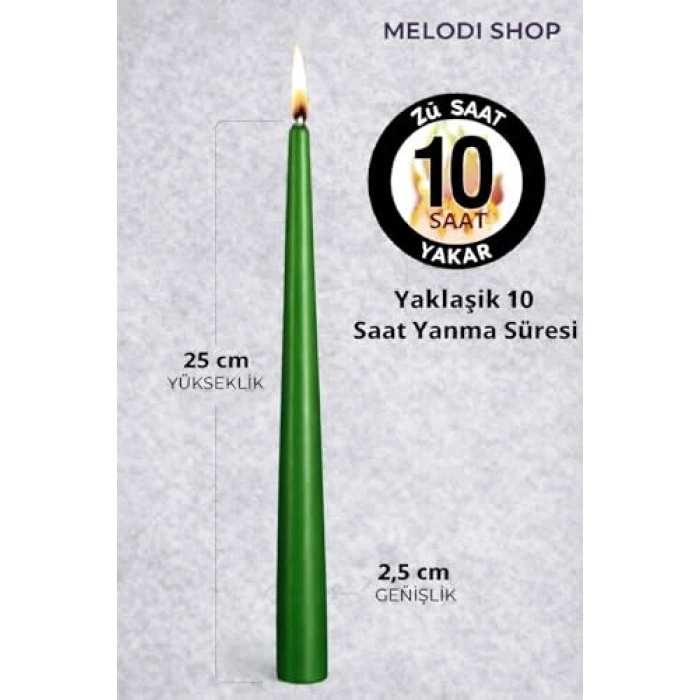 10lu Set Yeşil Renk İnce Şamdan Mum, 25 cm Uzunluk