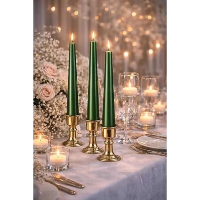 10lu Set Yeşil Renk İnce Şamdan Mum, 25 cm Uzunluk