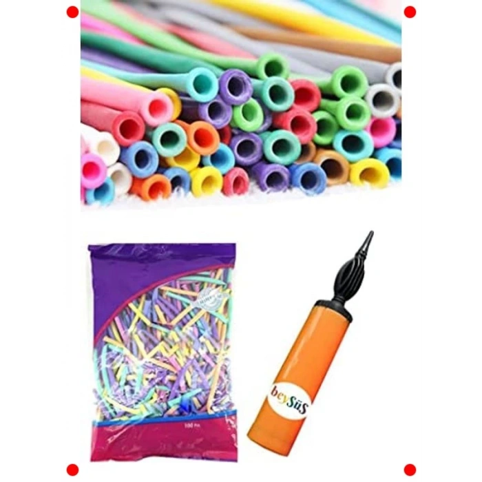 100 Adet Karışık Renk Sosis Balon ve Pompa Seti