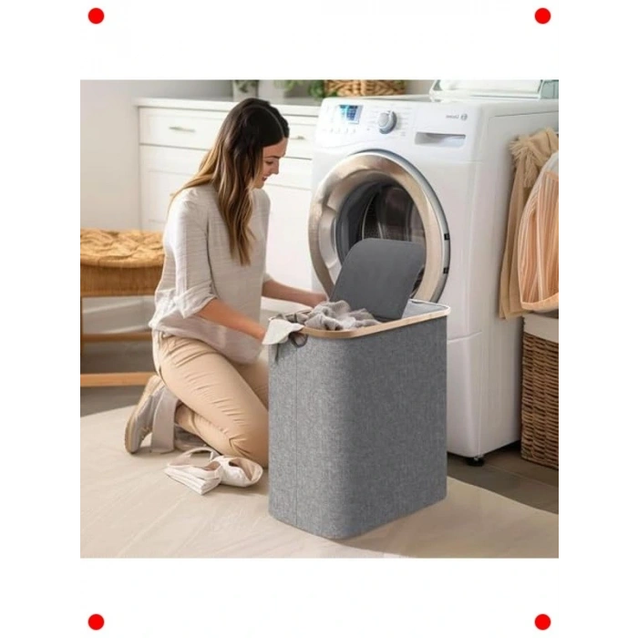 100L Çift Bölmeli Bambu Kenarlı Çamaşır Sepeti