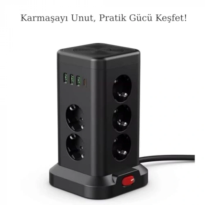 11li Akım Korumalı Priz Kulesi, 3 USB ve 1 Type-C Çıkışlı Hızlı Şarj