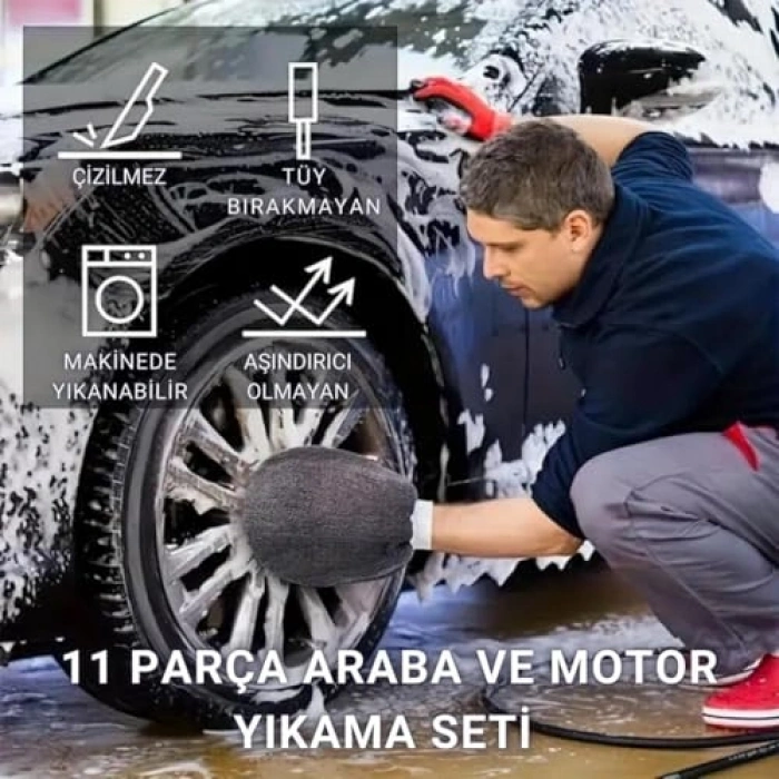 11 Parça Araç Oto Yıkama Seti, Fırça ve Krofiber Bez Seti
