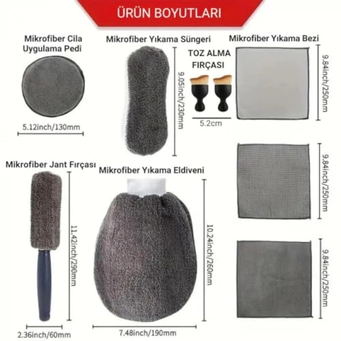 11 Parça Araç Oto Yıkama Seti, Fırça ve Krofiber Bez Seti