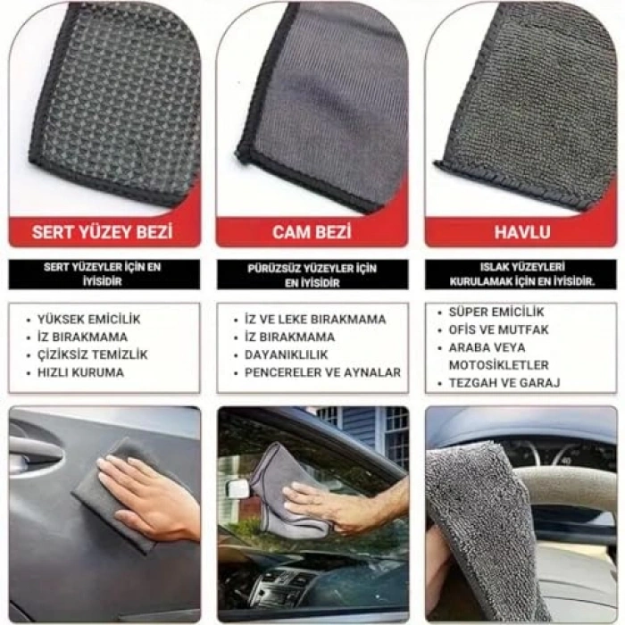 11 Parça Araç Oto Yıkama Seti, Fırça ve Krofiber Bez Seti
