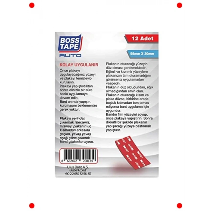 12 Adet Güçlü Yapışkanlı Montaj Bandı (Plaka İçin)