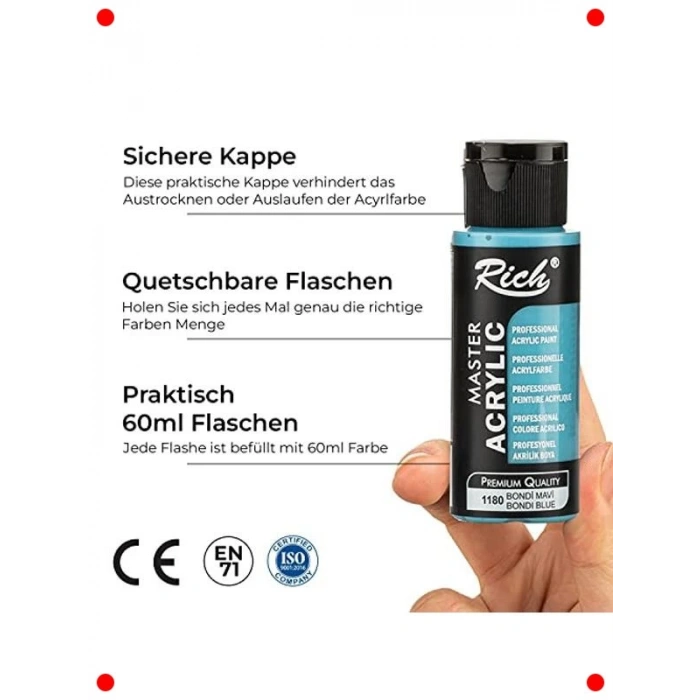 12li Akrilik Boya Seti - 60 cc Şişeler