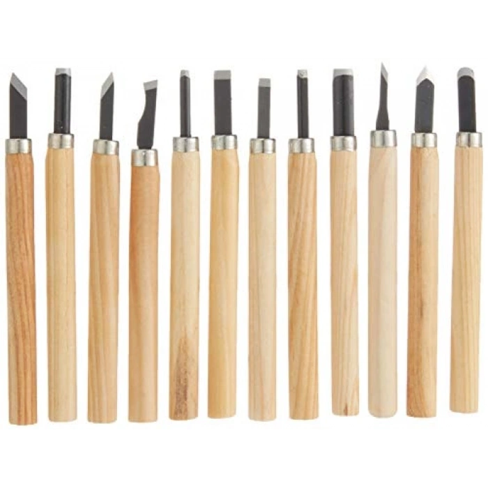 12 Parça Ahşap Oyma Bıçak Seti, Siyah Renk