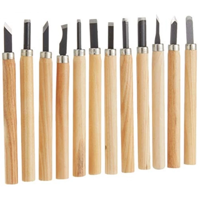 12 Parça Ahşap Oyma Bıçak Seti, Siyah Renk