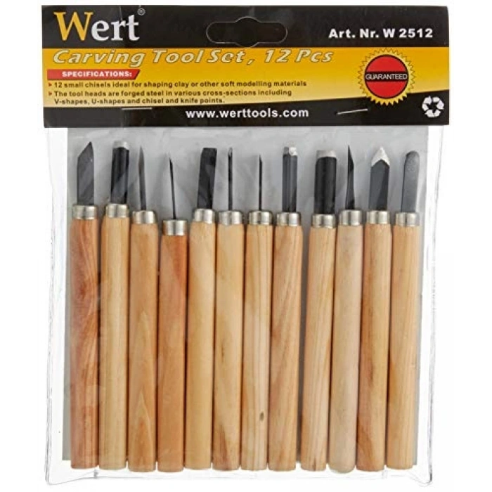 12 Parça Ahşap Oyma Bıçak Seti, Siyah Renk