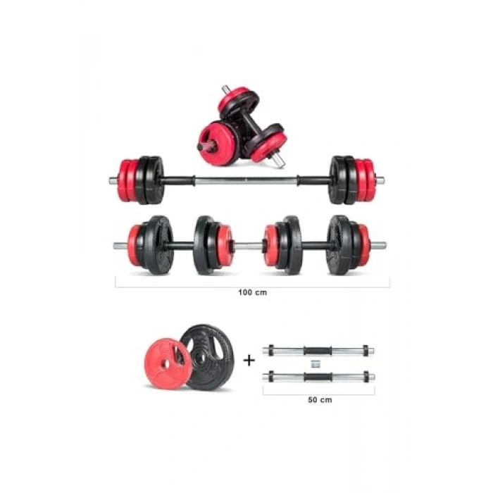 12 Parça Kırmızı ve Siyah Halter Seti ile Dambıl Antrenmanı