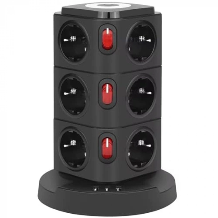 12 Prizli Tower Tipi Akım Korumalı Priz, USB Girişli ve Kısa Devre Koruma