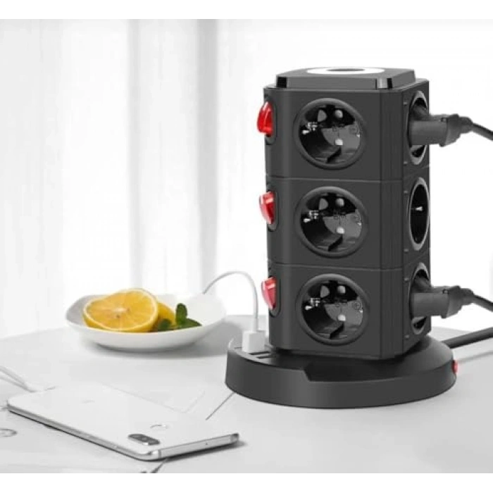 12 Prizli Tower Tipi Akım Korumalı Priz, USB Girişli ve Kısa Devre Koruma