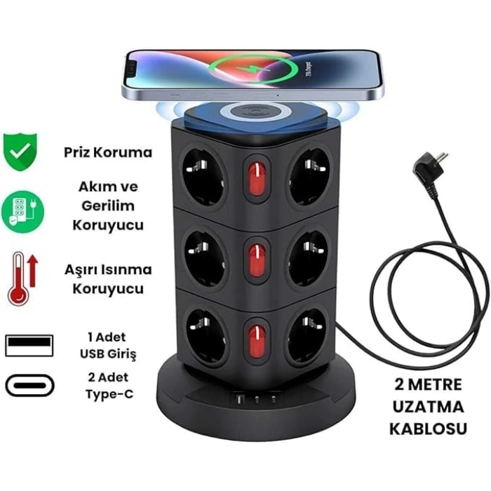 12 Prizli Tower Tipi Akım Korumalı Priz, USB Girişli ve Kısa Devre Koruma