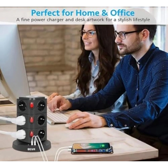 12 Prizli Tower Tipi Akım Korumalı Priz, USB Girişli ve Kısa Devre Koruma