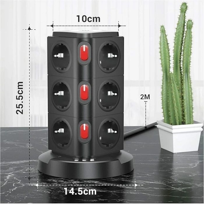 12 Prizli Tower Tipi Akım Korumalı Priz, USB Girişli ve Kısa Devre Koruma