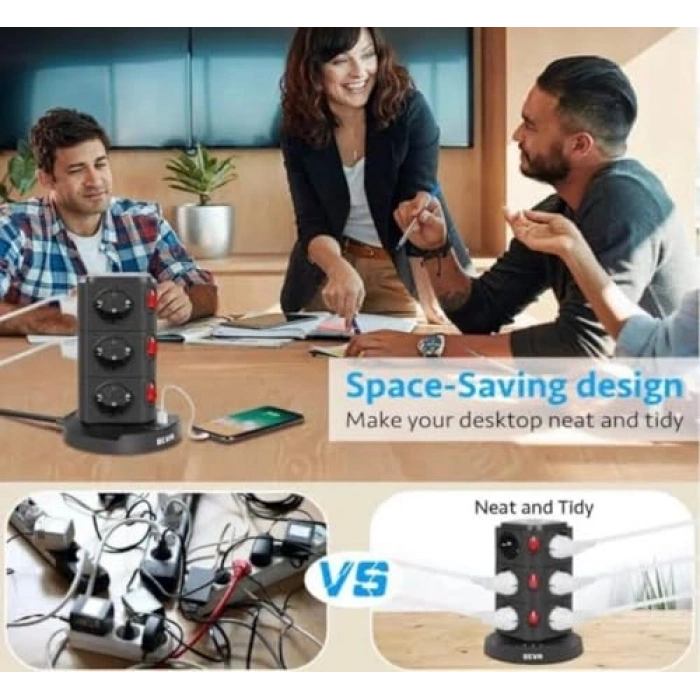 12 Prizli Tower Tipi Akım Korumalı Priz, USB Girişli ve Kısa Devre Koruma