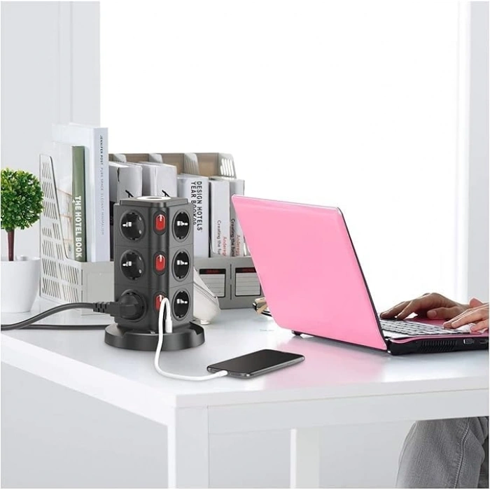 12 Prizli Tower Tipi Akım Korumalı Priz, USB Girişli ve Kısa Devre Koruma