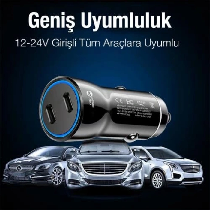 12v-24v Araç Çakmaklık Şarjı, 2 Type-C Girişli 60W