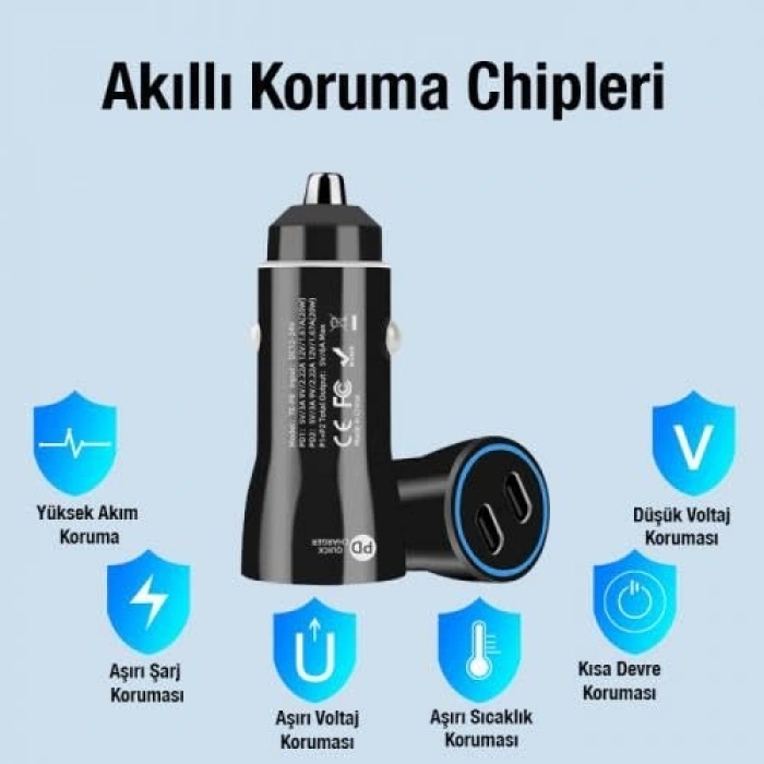 12v-24v Araç Çakmaklık Şarjı, 2 Type-C Girişli 60W